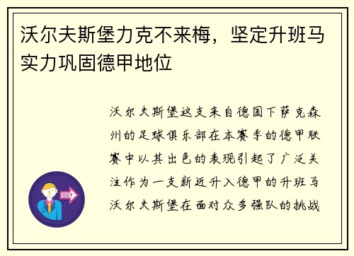 沃尔夫斯堡力克不来梅，坚定升班马实力巩固德甲地位